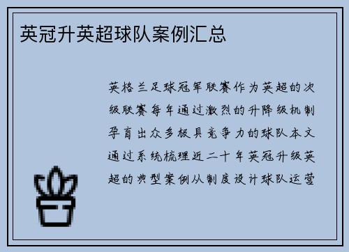 英冠升英超球队案例汇总